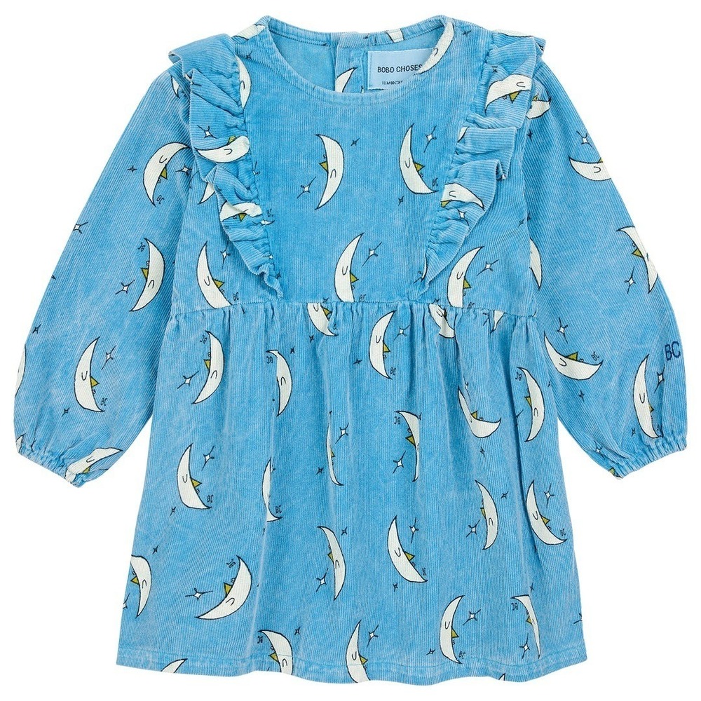 Bobo Choses Blue Corduroy Moon Ruffle Dress 24 Months B224AB083 Organic Cotton